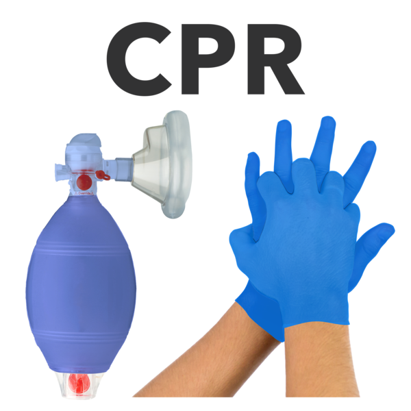 An oxygen mask and a person with blue gloves on giving CPR