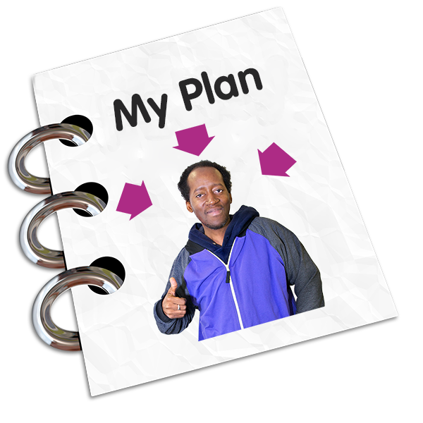 A binder with My Plan written on it and a picture of a person with arrows pointing at them