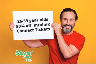 Man holding a sign saying "26-59 year olds get 50% off Intalink Connect tickets".