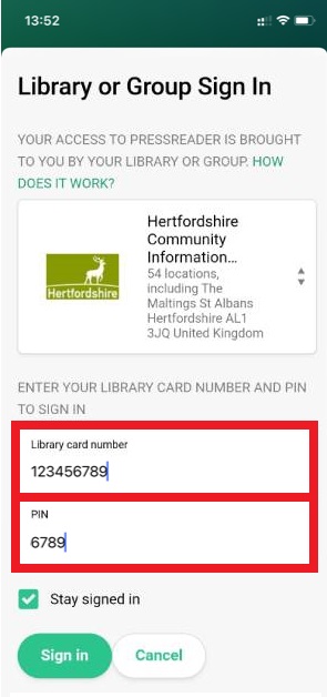 Enter library card number and PIN