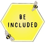 The words "Be included" written inside a yellow hexagon with bees